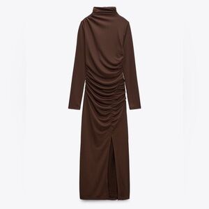 Zara Chocolate Gathered Long Sleeve Midi Dress Size XS